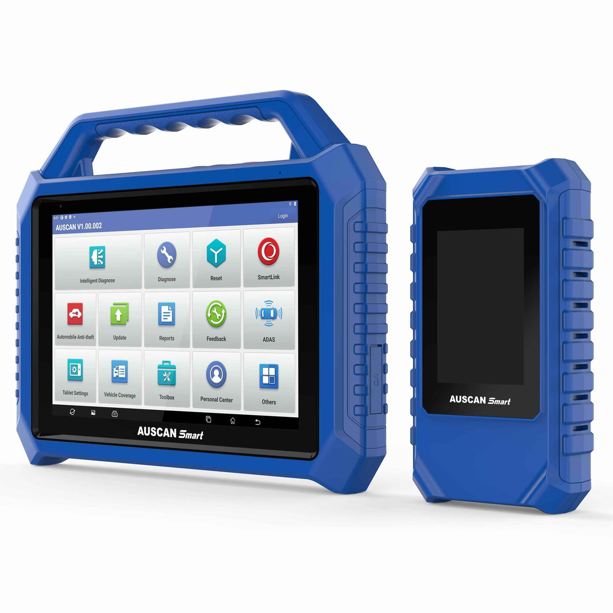 Blue diagnostic tool with screen displaying interface on a white background