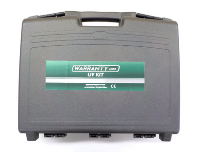 Gray carrying case with a green label for 'Warranty Line UV Kit'