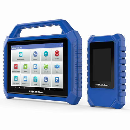 Blue diagnostic tool with screen displaying interface on a white background