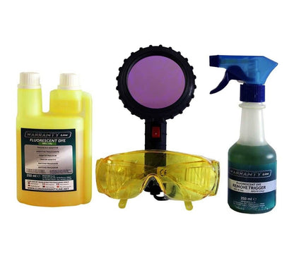 Set of fluorescent dye products including bottles, a filter, and goggles